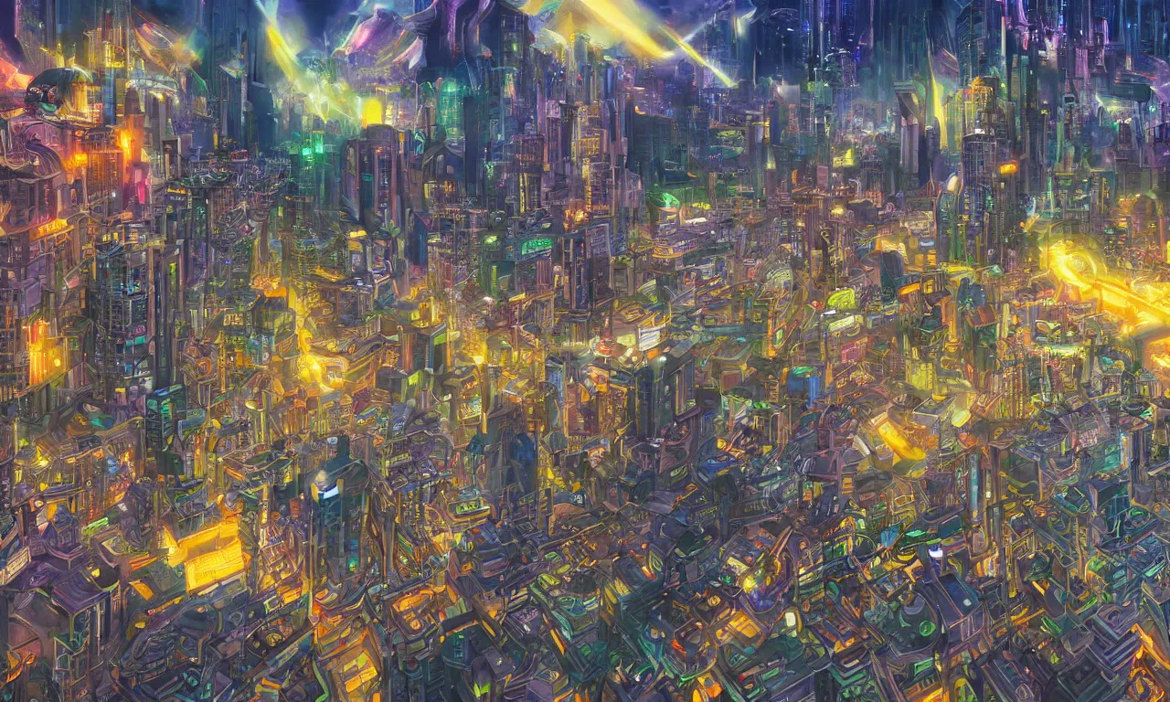 Image similar to futuristic city, illustration painting, oil on canvas, intricate, hd, digital art, overdetailed art, complementing colors, detailed, illustration painting by alex gray, digital art, syd meade