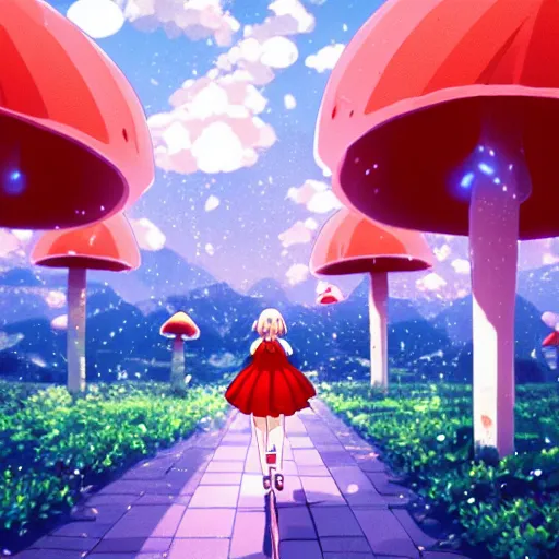 Prompt: beautiful anime girl walking in rainy mushroom village at night, super mario style, red and white spotted mushroom houses, geometric mountains in distance, landscape, anime key visual, digital art, anime screenshot, kyoto animation, makoto shinkai, trending on artstation