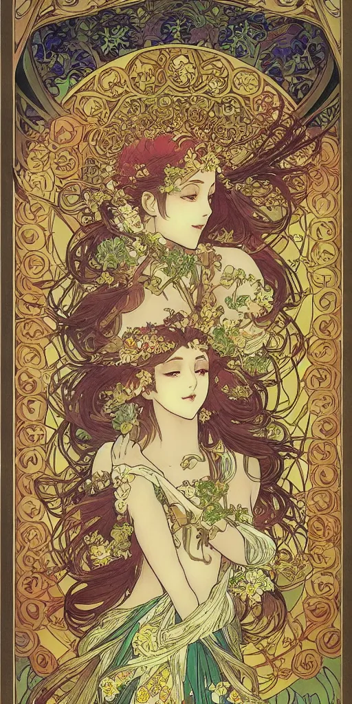 Prompt: Ethereal elven goddess of roses and gold. She is from Southern Asia. Manga artbook illustration by CLAMP and Alphonse Mucha.