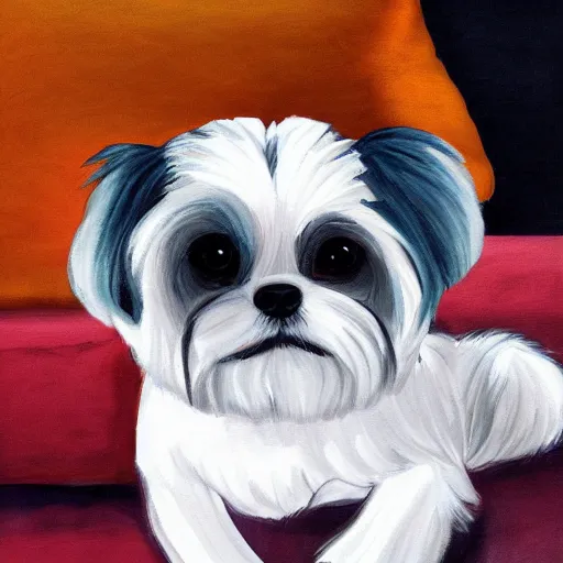 Prompt: a painting of a shih tzu laying on a couch