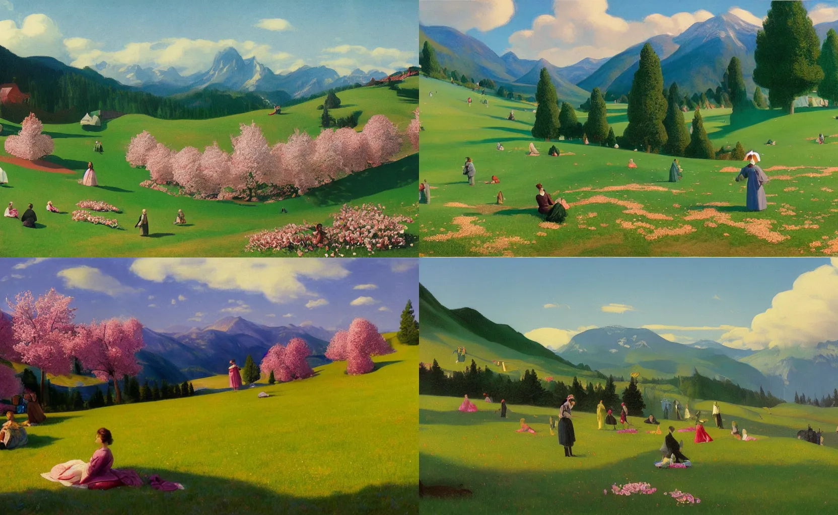 Prompt: heavenly alpine meadow full of bubbles and cherry blossoms, fantasy matte painting, by karl gustav rodde and edward hopper