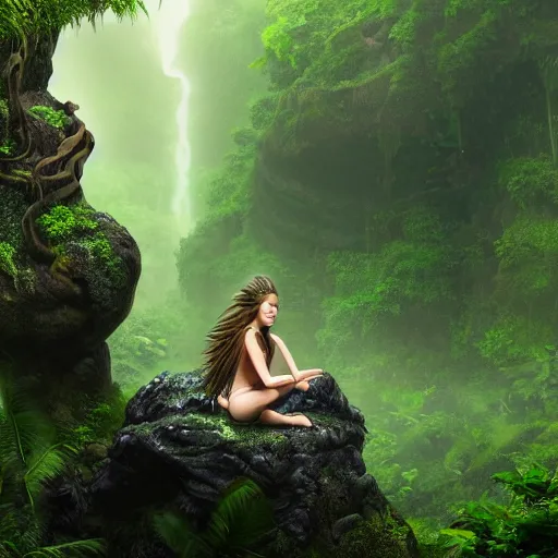 Prompt: Still of an elfish woman with gorgeous flowing hair in a hidden temple in a lush jungle, sitting on a cave rock, greenish atmosphere with detailed highlights, dark gloomy sky cascading upon the atmosphere, well-detailed ornate Elfish mountains in the background, trending on artstation, 4k, 8k