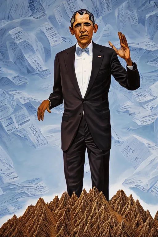 Image similar to obama standing next to a mountain made of papers, oil on canvas, intricate, portrait, 8 k, detailed, hdr, cgsociety