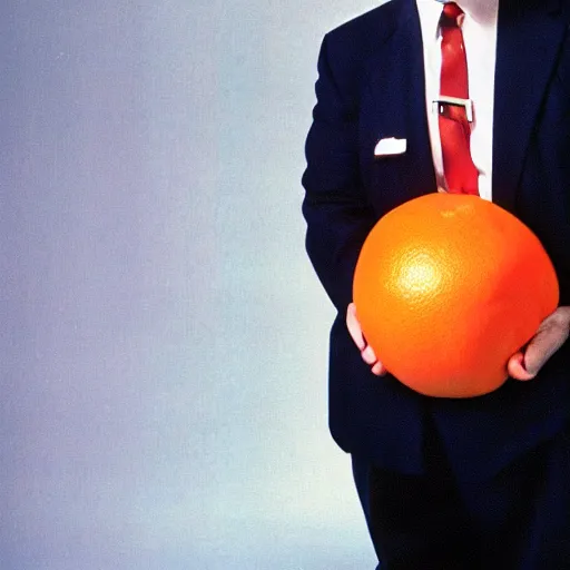 Prompt: color photo of a tall, angry, obese man in his mid 7 0's, with blonde hair and an orange face, wearing a dark blue suit, a white shirt, and a red tie