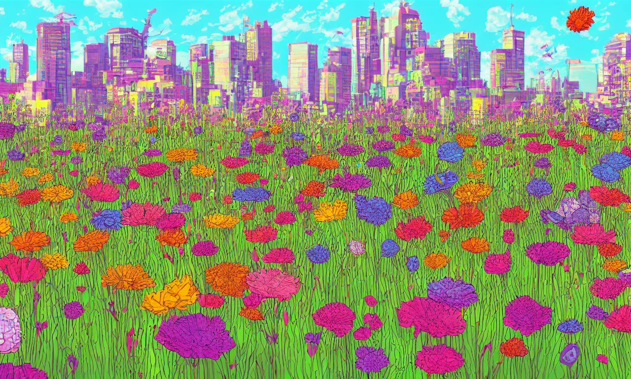 Image similar to twiddle a plopple, field flowers, busy cityscape, digital art, 3 d illustration