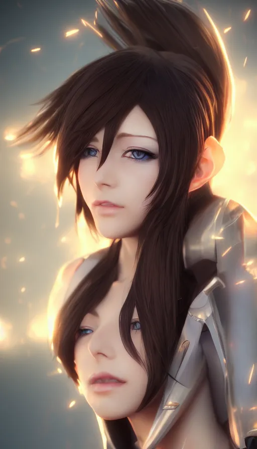 Prompt: render as a very beautiful 3d anime woman with short brown hair, blue eyes, heavy makeup, short smile, cinematic lightning, highly detailed, trending on Artstation, Unreal Engine 4k, cinematic wallpaper