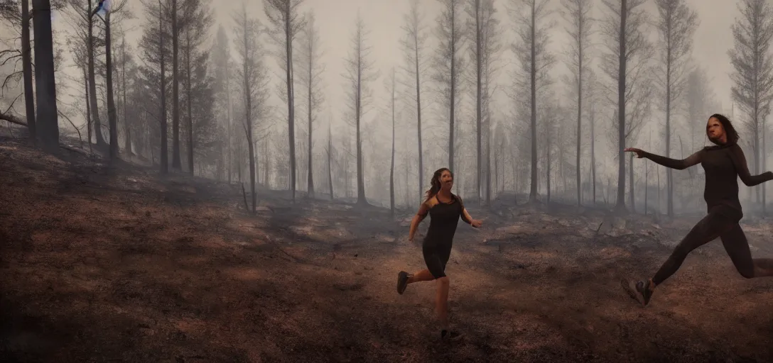 Prompt: young woman running towards the camera with a forest fire behind her, smoke on the ground, fog, Bleak. big stones, Dark mood. Mysterious. Doom. Realistic painting. photobashing, matte painting, highly detailed,