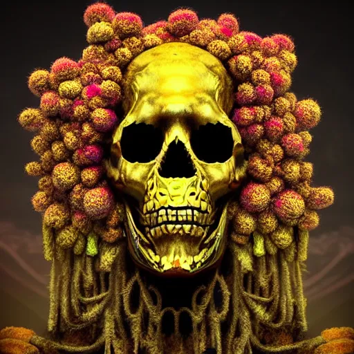 Prompt: a golden skull face african electric shaman with an afro made of flowers, third eye art art by machina infinitum, complexity from simplicity, rendered in octane, mandelbulb 3 d, ambient occlusion, macro photography, felt!!! texture, tribal, retrowave