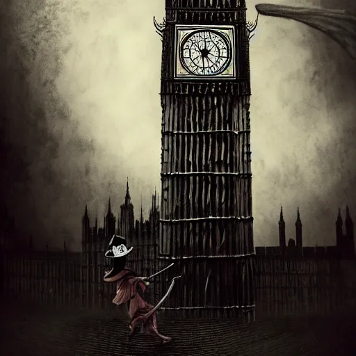 Prompt: A witch wearing a hat flying on her broom,the Big Ben is in background,gloomy lighting,creepy atmosphere,photo , highly detailed , high contrast, beautiful lighting, award winning ,u trending on art station, 8k, photo realistic