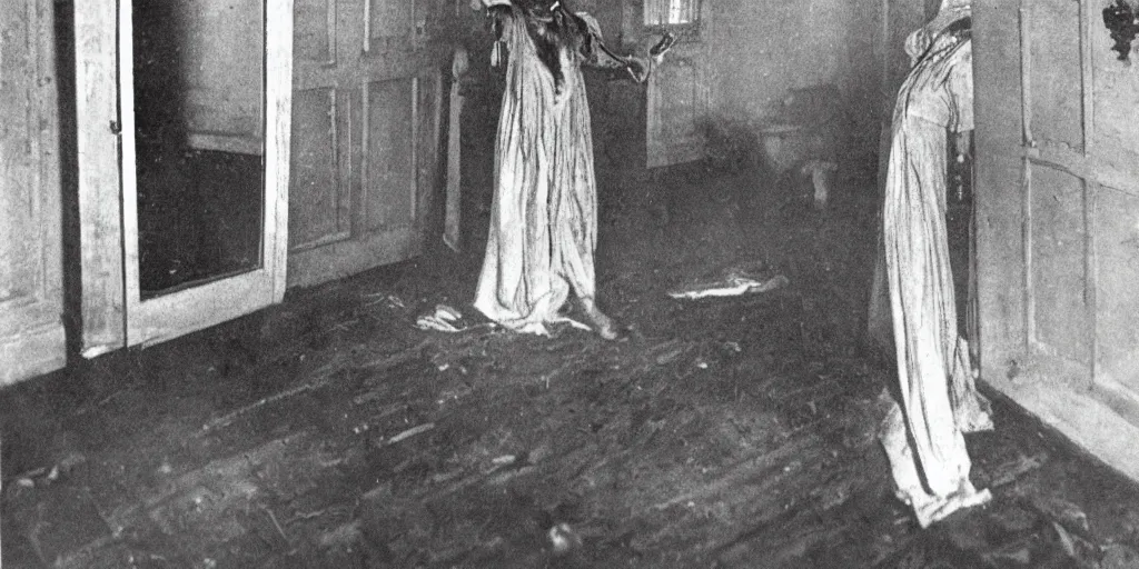 Image similar to scary unproportionable tall ghost creature inside a house crawling around, 1900s picture