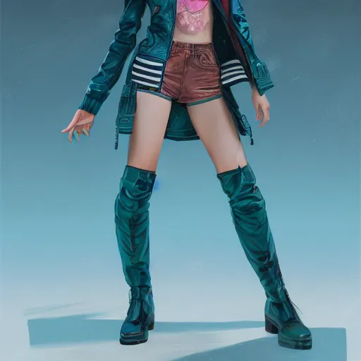 Prompt: Full body of Korean female wearing futuristic short teal leather jacket and 1980s shorts, expressive pose, intricate, elegant, highly detailed, digital painting, artstation, concept art, smooth, sharp focus, illustration, art by artgerm and greg rutkowski and alphonse mucha