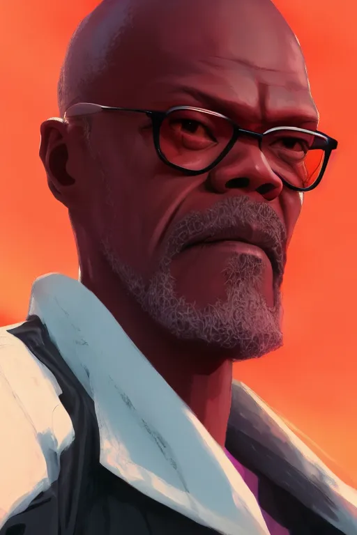 Prompt: portrait samuel l. jackson, sunset background, rich vivid colors, ambient lighting, dynamic lighting, 4k, official media, anime key visual, makoto shinkai, ilya kuvshinov, lois van baarle, rossdraws, detailed, trending on artstation