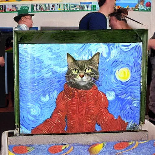 Prompt: Magic cat lands on moon to grow watermelons, Van gogh's paintings