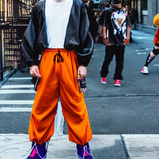 Image similar to dragonball z inspired character wearing 9 0 s fashion in anime style wearing streetwear fashion in soho new york