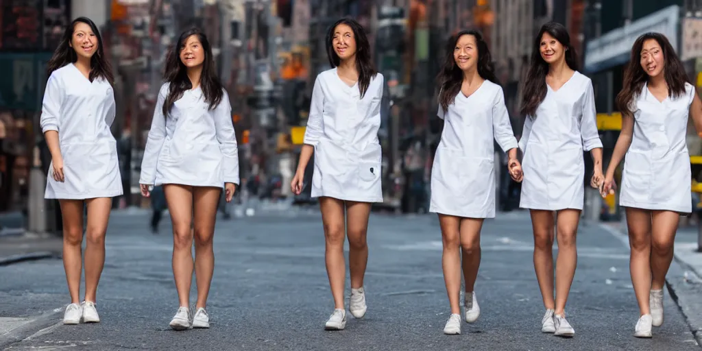 Image similar to 3 beautiful young woman plaque doctors wearing white wet short sun dresses walking toward the camera in the streets of new york, ultra realistic, 8 k, nikon d 3 0 0,