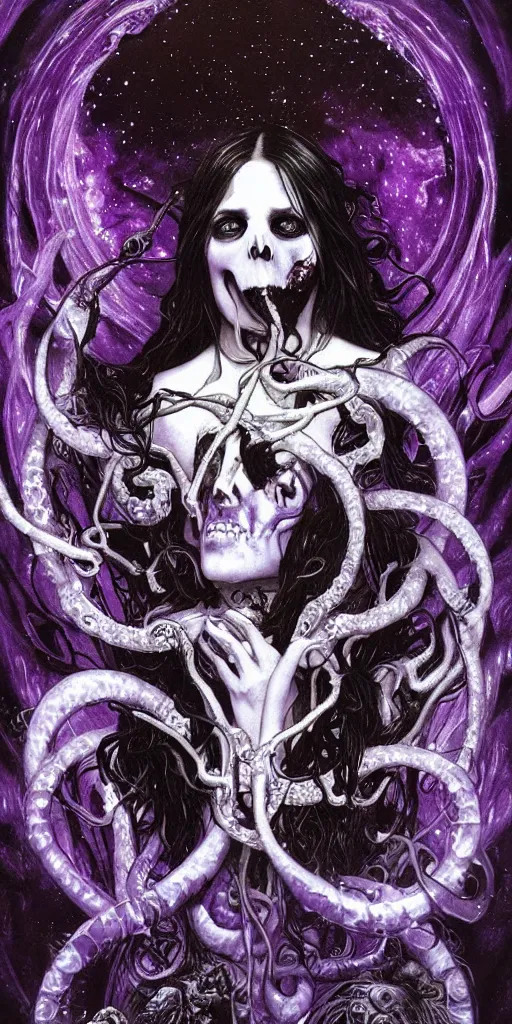 Image similar to intense glowing black metal pagan god with tentacles and intense black eyes with a skull in very dark purple cosmic space nebula by karol bak and alphonse mucha and artgerm, portrait, fantasy, clear, light beams, lens flare, soft, uhd, amazing depth, cinematic lighting, violet and magenta and black and white and metallic silver