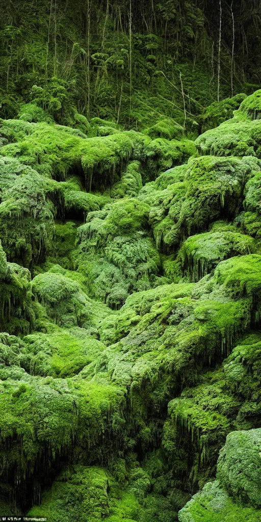 Image similar to a fertile, lush mossy canyon, minimalist structure, covered in ice, in the style of reuben wu, roger deakins