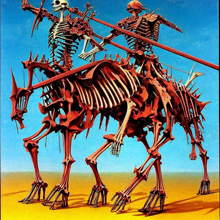 Prompt: Colorful, vibrant. A (((spiked!!!))) detailed horse skeleton with armored joints stands with halberd in hand. Massive shoulderplates. Extremely high details, realistic, fantasy art, solo, masterpiece, bones, ripped flesh, art by Zdzisław Beksiński, Arthur Rackham, Dariusz Zawadzki, Harry Clarke