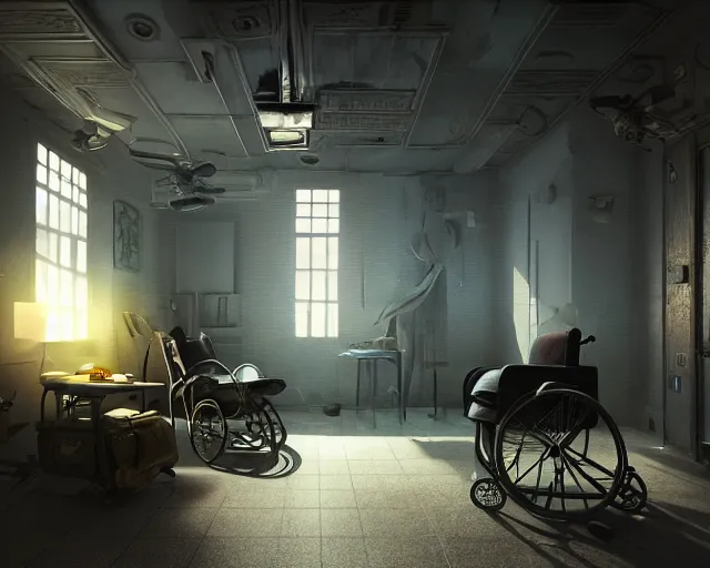 Image similar to artstation scifi scene of a bouquet of light on a business card, in an old ward, one ceiling fan, wheelchair, crutches, beds, dust, paneled walls, unreal engine 5, hyper realism, realistic shading, cinematic composition, blender render, octane render, hdr, detailed textures, photorealistic, wide shot