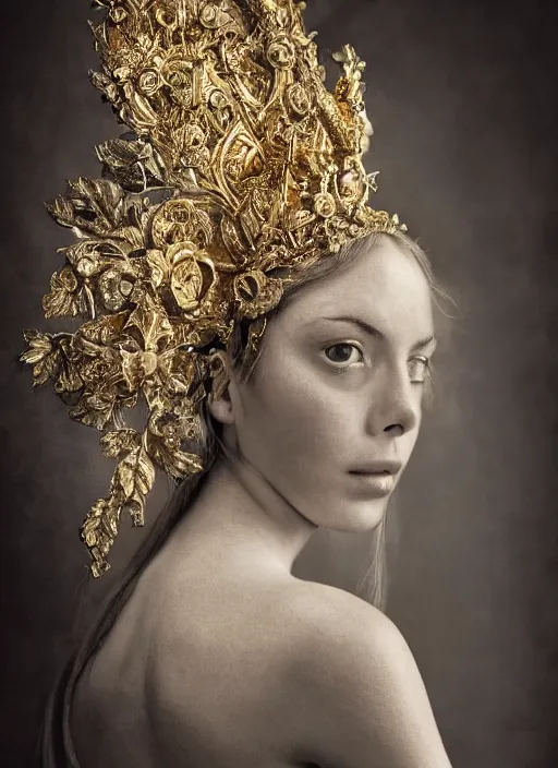 Image similar to a portrait of elizabeth cuthbert by stefan geselle and nekro borja, photorealistic, intricate details, hyper realistic, fantasy, elegant, baroque gold headpiece, photorealistic, canon r 3, photography, wide shot, symmetrical features, symmetrical pose, wide angle shot, head to toe, standing pose, feet on the ground, wearable art