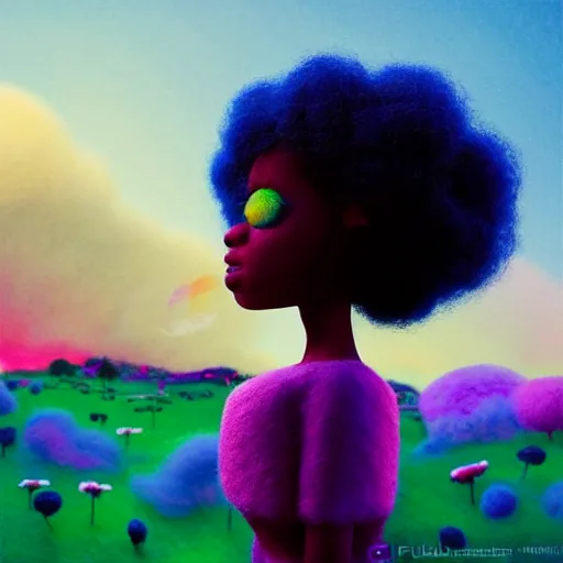 Image similar to a black girl with big cute! eyes and a colorful afro dancing in a filed of cotton candy at sunset, bright colors, synthwave, watercolor, volumetric wool felting, felt, macro photography, children illustration, global illumination, radiant light, detailed and intricate environment, by goro fujita, bokeh!!!!