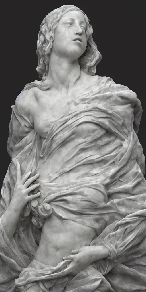 Image similar to a delicate renaissance marble sculpture covered with water veil, highly detailed transparent marble cloth, gi, global illumination, physically based rendering, photorealistic, top light, dark background