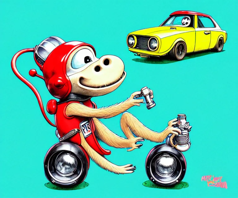 Image similar to cute and funny, monkey : : wearing a helmet : : riding in a tiny hot rod with oversized engine, ratfink style by ed roth, centered award winning watercolor pen illustration, isometric illustration by chihiro iwasaki, edited by range murata, tiny details by artgerm, symmetrically isometrically centered