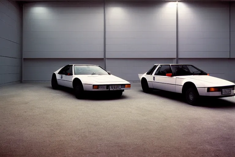 Image similar to 1984 wedge shaped sports car, BMW M1 Lincoln Continental, inside of a minimalist Tokyo garage, ektachrome photograph, volumetric lighting, f8 aperture, cinematic Eastman 5384 film