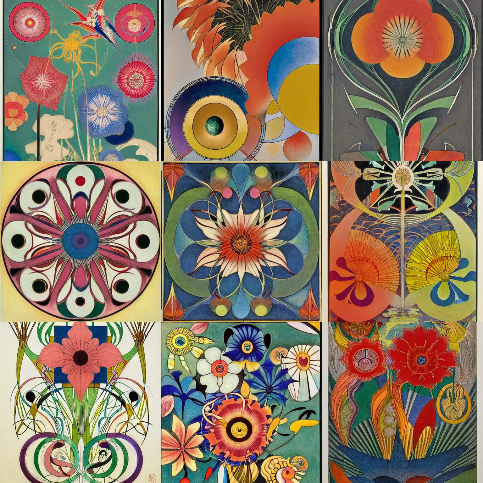 Prompt: flower ( ( art nouveau ) ) ( ( bauhaus ) ), intricate detail, sharp focus, colorful, by ( ( hilma af klint ) ) and escher and hokusai and ( botticelli ) and frank lloyd wright and ( ( james jean ) ) and ( hr geiger ) and ( kandinsky )