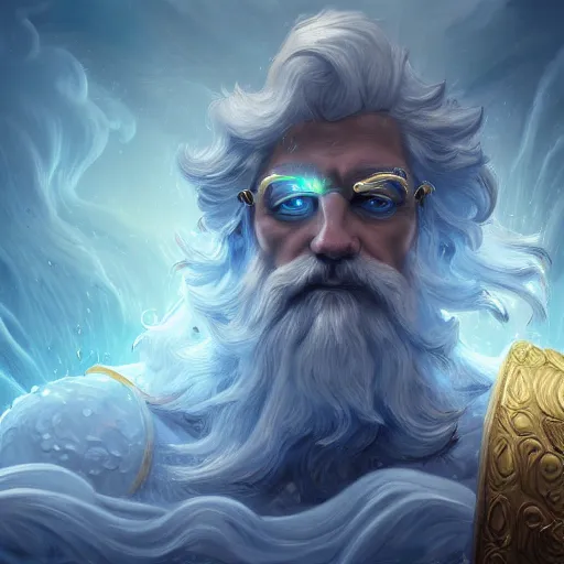 Image similar to Character concept art, Digital Paint, Zeus, God, Character Design, Digital Art, Gold Light, Blue Mist, 8K, insanely detailed and intricate, ornate, hyper realistic, super detailed, Cloudy background, Trending on Artstation, in the style of James Jean