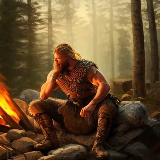 Prompt: Rugged male Viking warrior relaxing by the fire, relaxed, D&D, muscular, upper body, fantasy, intricate, elegant, highly detailed, digital painting, artstation, concept art, smooth, sharp focus, illustration, art by artgerm and greg rutkowski and alphonse mucha