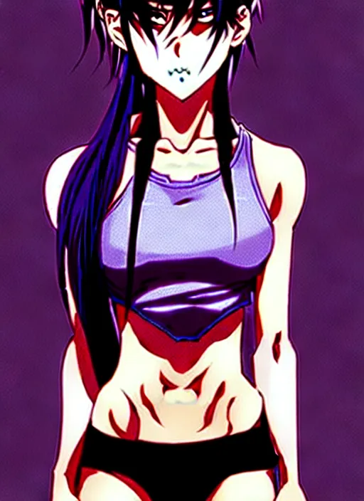 Image similar to style of madhouse studio anime, rei hiroe black lagoon manga, loish, artgerm, joshua middleton comic art, portrait of revy from black lagoon, purple hair, symmetrical eyes and symmetrical face, jean shorts, white tank top, waist up, sarcastic evil smirk on face, sky and ocean background