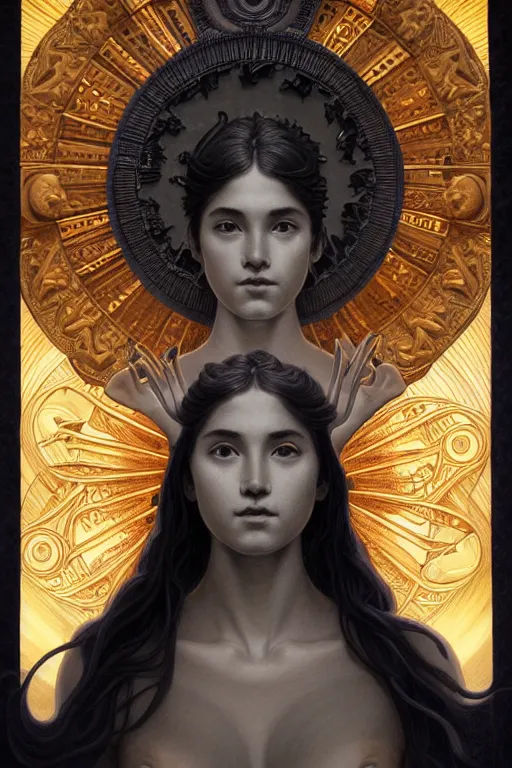 Image similar to symmetry!!!! intensely intricate tintype fan art of full frontal pose of a young sun goddess, protagonist, overtaking a young moon god, antagonist, intricate, elegant, highly detailed, my rendition, digital painting, artstation, concept art, smooth, sharp focus, illustration, art by artgerm and greg rutkowski and alphonse mucha