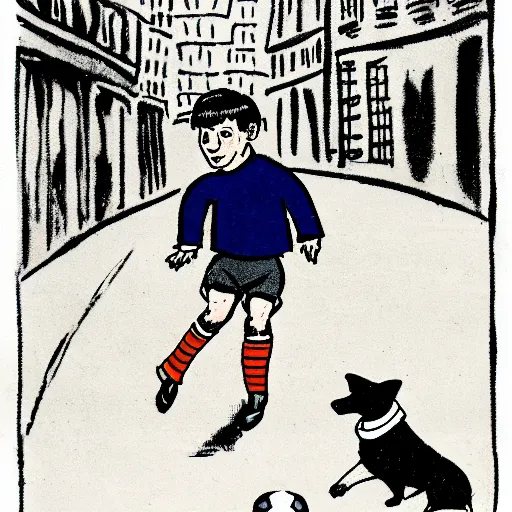 Image similar to illustration of french boy on the streets of paris playing football against a corgi, the dog is wearing a polka dot scarf, comic, 1 9 6 3