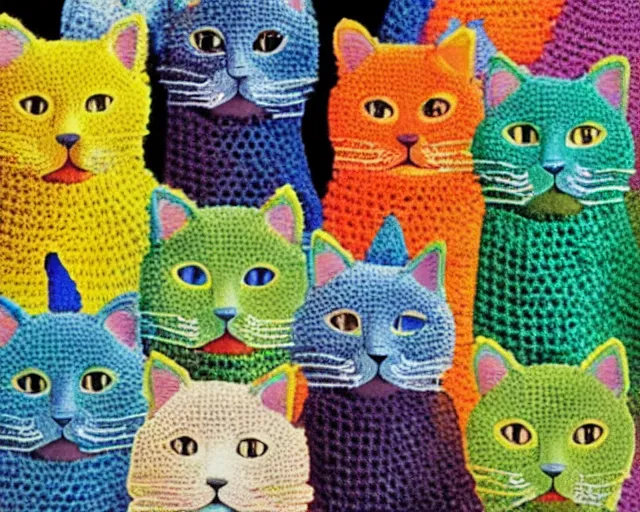 Prompt: cut and paste collage, multicolored crocheted cats by rene magritte