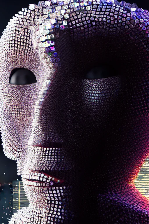 Prompt: hyperrealism, dreamland of chinese, halfturn portrait of a big crystal face made of crystals half - turn, ominous, slender and densely arranged teeth, futuristic, art deco, expressive, dystopian, cyberpunk, mecha, sss material, ominous, intricate, oc rendered, concept art, photorealistic, unreal engine render