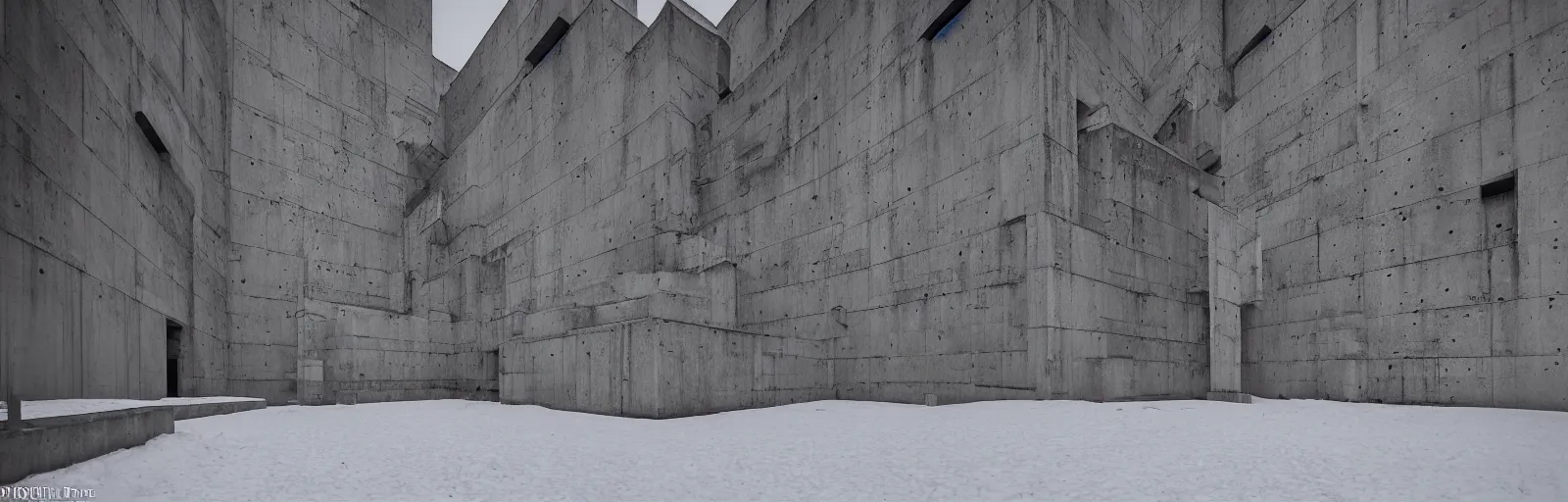 Image similar to snow falling on brutalist monastery, the monastery is on top of a black snowy mountain, the concrete monastery has walkways, skybridges, stairways, white marble statues on pedestals in the background, depth of field, sharp focus, clear focus, beautiful, award winning architecture, hopeful, quiet, calm, serene