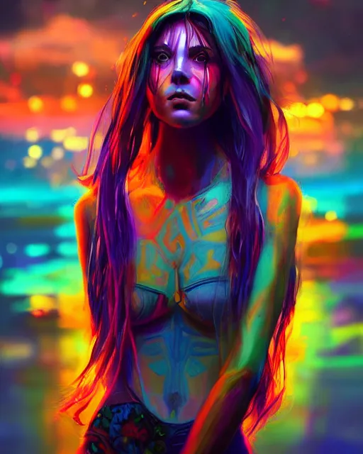 Prompt: colorful 3 / 4 body shot of a female hippie, set in the future 2 1 5 0 | highly detailed | very intricate | symmetrical | professional model | cinematic lighting | award - winning | painted by mandy jurgens and ross tran | pan futurism, dystopian, bold psychedelic colors, cyberpunk, groovy vibe, anime aesthestic | featured on artstation