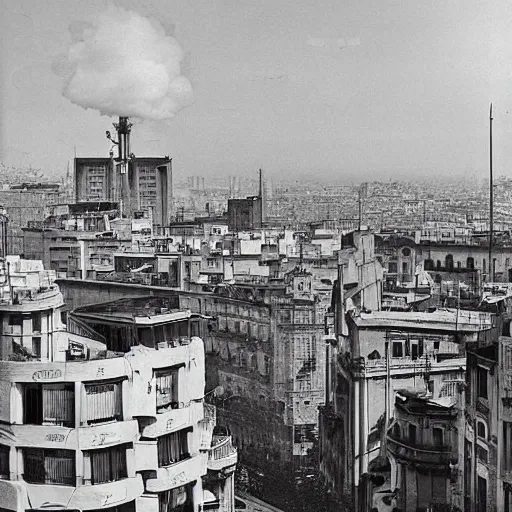 Prompt: barcelona in 1 9 1 8, retrofuturism, steampunk, gothic quarter, modernist buildings, art deco, footbridges between houses, steam pipes