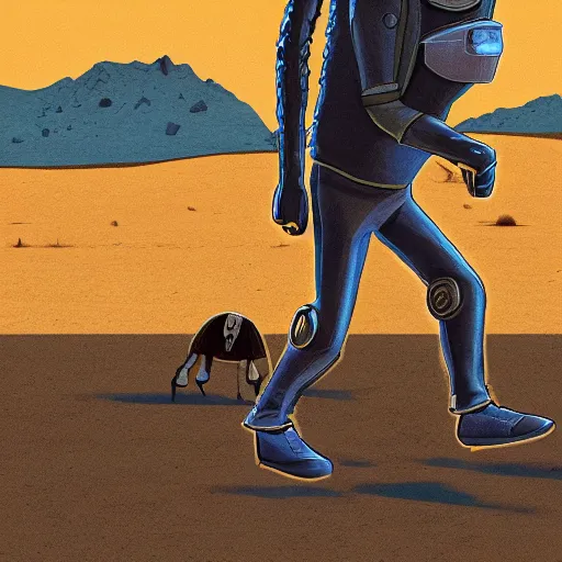 Image similar to drawing of Joe Biden , dressed in an alien costume , walking in the desert , in the style of Simon Stalenhag