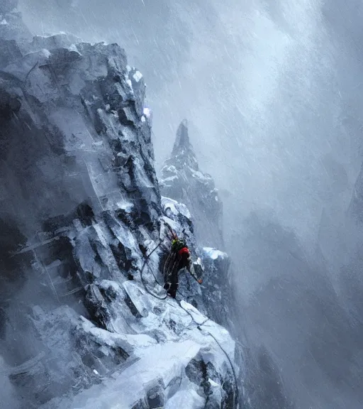 Image similar to a climber climbs a snowy mountain in a storm, close view, painting by craig mullins, octane rendering, soft morning lighting, wide angle lens, in the style of hayao miyazaki, trending on artstation,