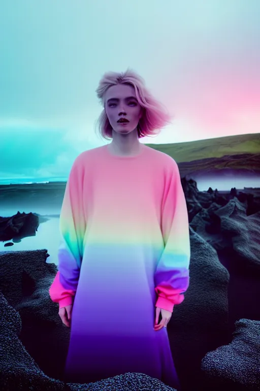 Image similar to high quality pastel coloured film close up wide angle photograph of a model wearing clothing swimming on cloud furniture in a icelandic black rock!! environment in a partially haze filled dreamstate world. three point light, rainbow. photographic production. art directed. pastel colours. volumetric clouds. pastel gradient overlay. waves glitch artefacts. extreme facial clarity. 8 k. filmic.