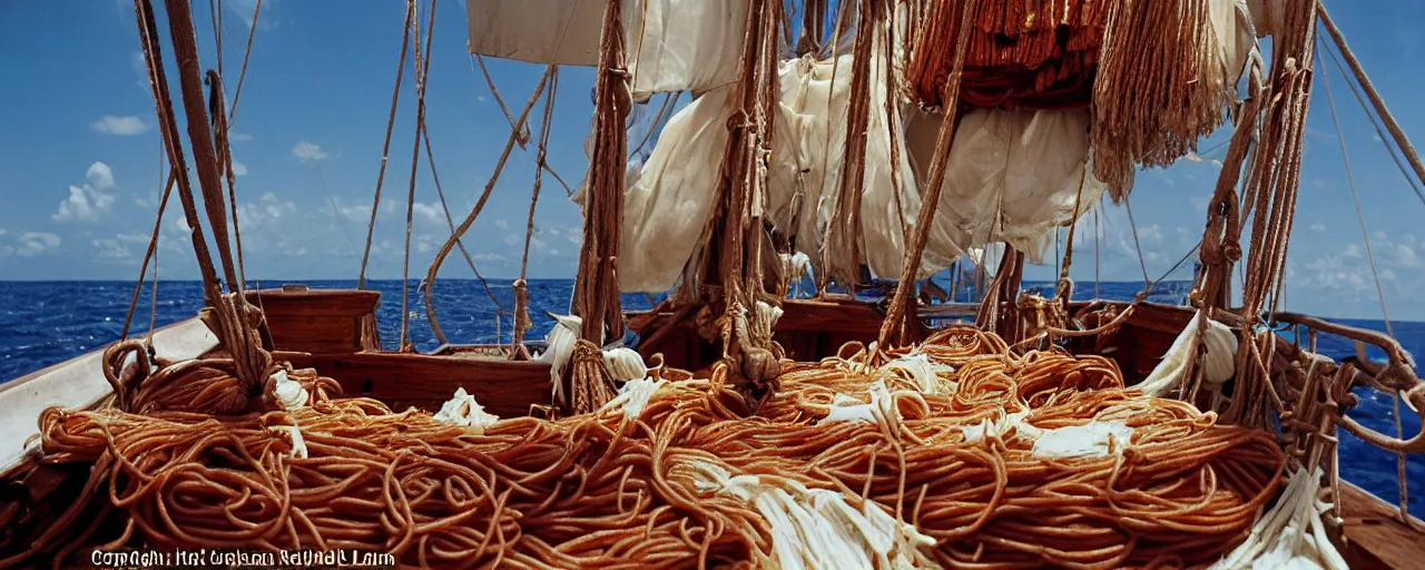 Image similar to pirate ship with spaghetti treasure, aboard a sailboat, caribbean, in the style of galen rowell, 1 7 0 0 s, canon 2 0 mm, kodachrome