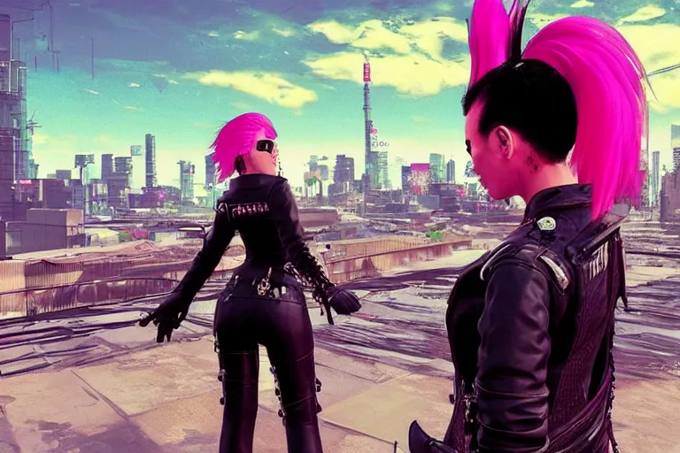 Prompt: punk leather samurai with pink hair. tokyo can be seen in the distance. art in the style of vincent di fate's cyberpunk 2 0 2 0.