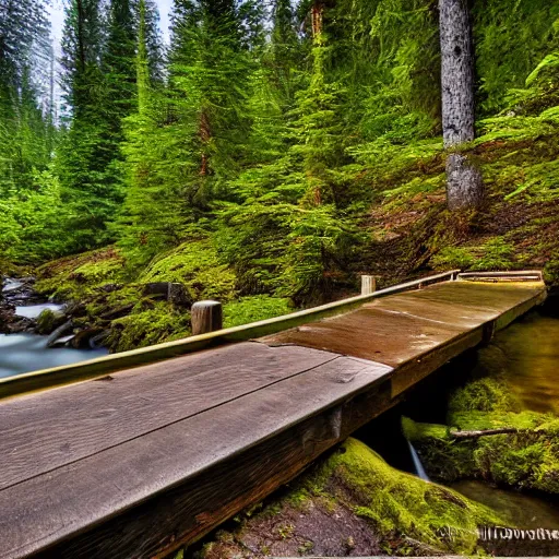 Prompt: Lodge in the Pacific Northwest forest, creek, wooden bridge, waterfall, hdr photo, 100mm lens, f2.8, nd filter