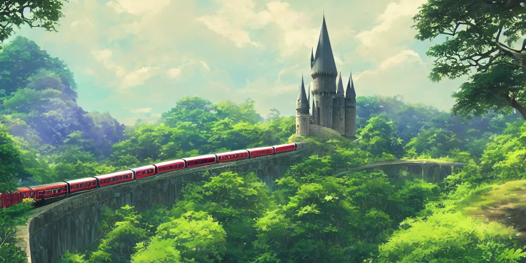 Prompt: A beautiful illustration of beautiful Hogwarts train, castle, leaves, trees, steam, magic, wide angle, by makoto shinkai, Wu daozi, very detailed, deviantart, 8k, wallpaper, tropical, colorful, airy, anime illustration, anime nature wallpap