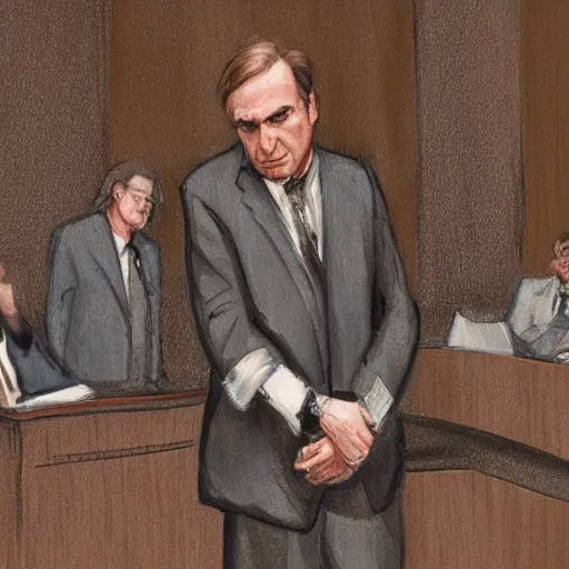 Image similar to saul goodman doing t - pose in courtroom to intimidate prosector