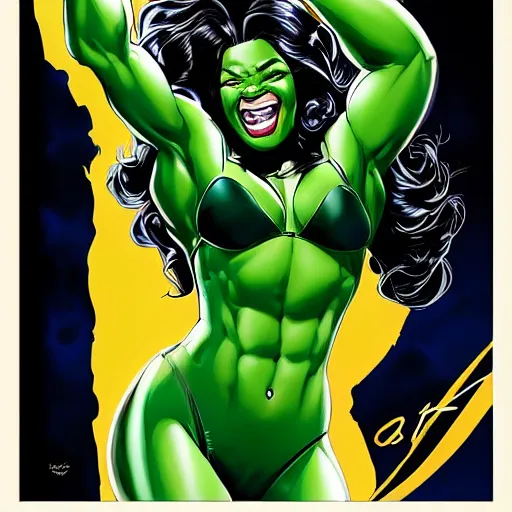 Prompt: Actress Gabrielle Union as She-Hulk, intricate, poster framed, pinup style, highly detailed, artstation, illustration, Gene Espy, Peter Temple, George Sportelli, Mitch Foust, Mike Hoffman, Garrett Blair, Mark Brown, Alex Miranda, Michael Bair, Eric Parker, Gene Espy, Mitch Foust, Peter Temple, Eric Parker, David Miller, Alex Miranda, Jay Fife, Brendon Fraim, David Bancroft, Al Rio, Mark Brown, Brian Fraim , Joe Rubinstein, Josh Templeton, Quinton Hoover, Eric Parker, Jim Sandersv Kevin Conrad, Michael Bair, Bob Layton