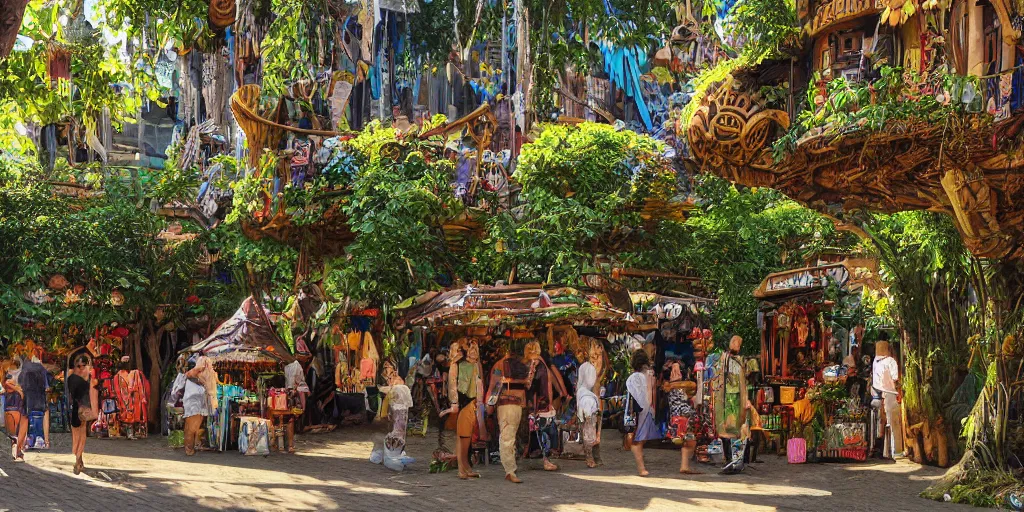 Prompt: maori, tlingit, bazaar in the tree city, tree trunks carved into towers with bulbous balconies wreathed in leafy vines :: dim sun, solarpunk candid street scene in market by Simon Stalenhagand and Rembrandt