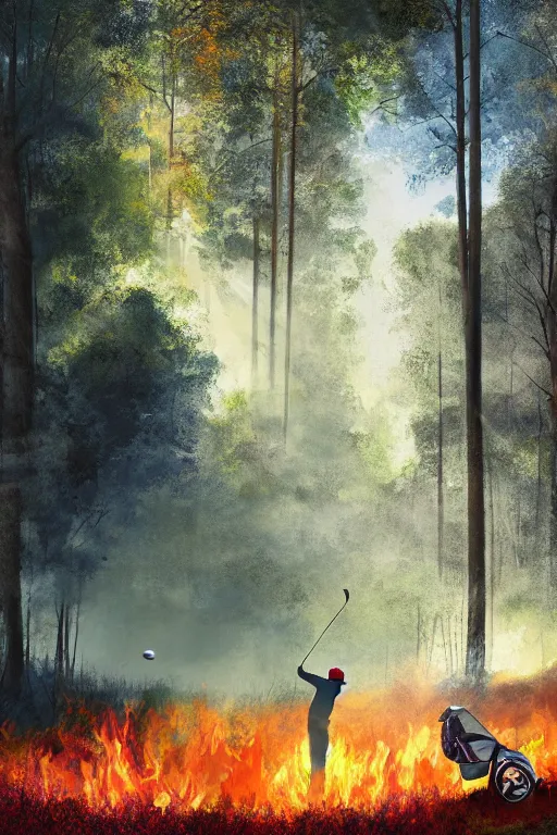 Image similar to golf players on a lush golf course surrended by forests on fire, digital painting, 4k, rays of light, particles light, by sasha kalinkin